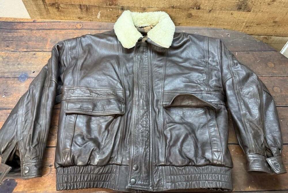 Vintage Brown Leather Bomber Jacket With Sherpa Collar size S made Germany